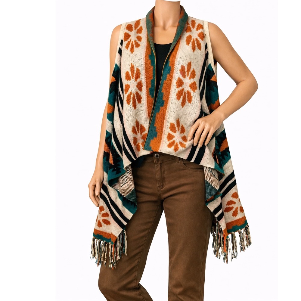 Lildy‎ Cardigan Sweater/Poncho Women's L/XL Aztec Fringe Boho Western Pullover